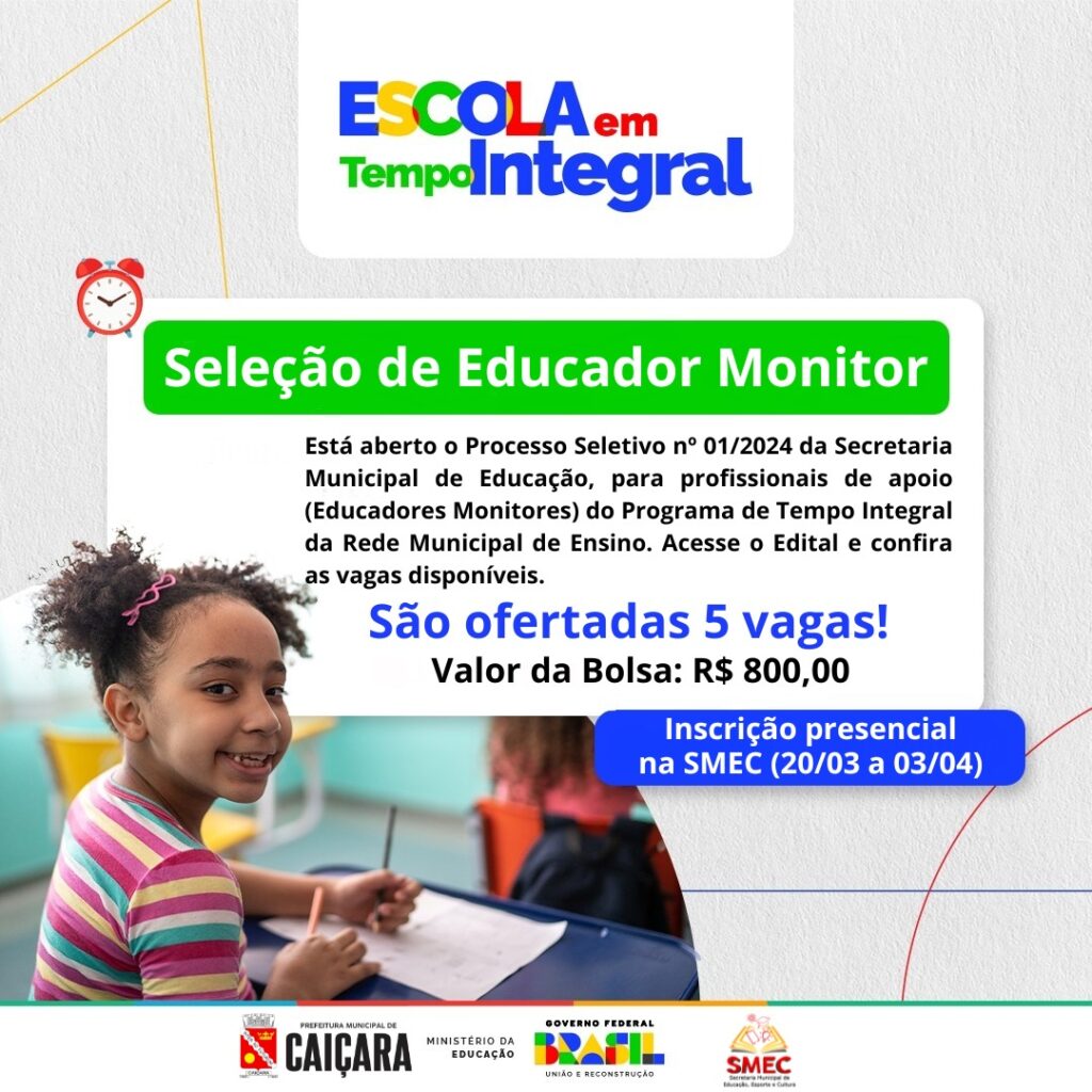 Inscrições abertas para Educadores Monitores no Programa Municipal de Educação em Tempo Integral