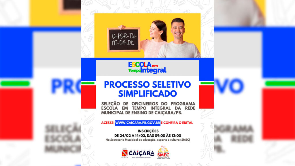 Edital para seleção de oficineiros do Programa Escola em Tempo Integral da Rede Municipal de Ensino de Caiçara-PB